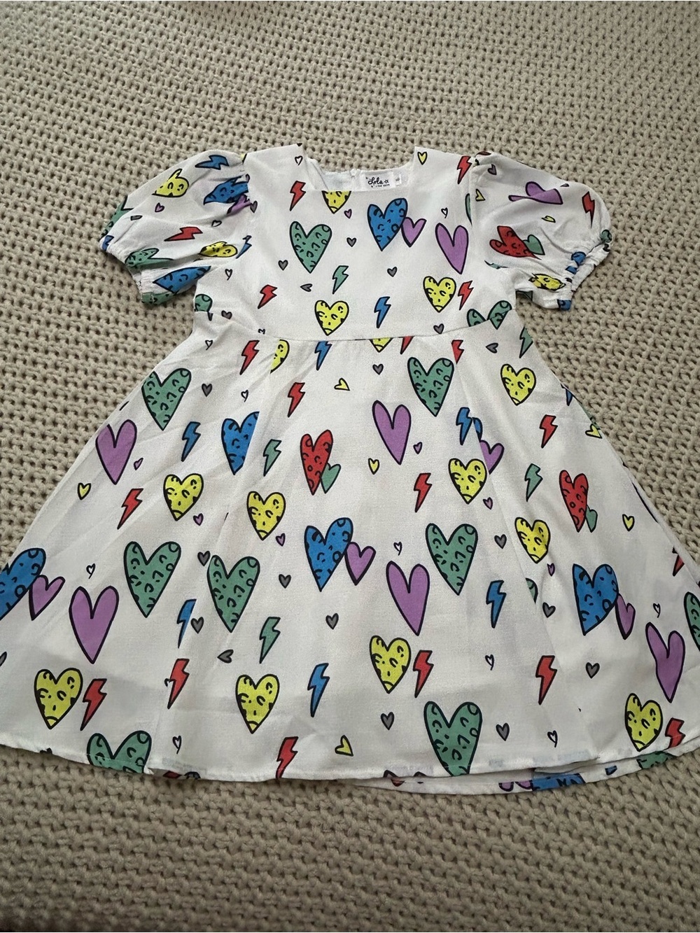 Lola + The Boys White Dress with Blue, Purple, Yellow and Pink Hearts